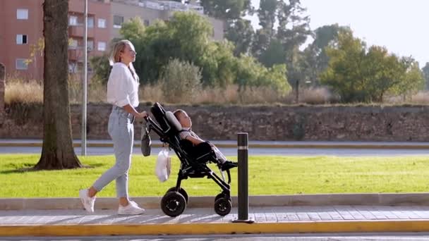 Video della madre di famiglia che cammina all'aperto e assiste il figlio disabile seduto in momenti di sedia a rotelle. Concetto di assistenza alla disabilità - Filmati, video