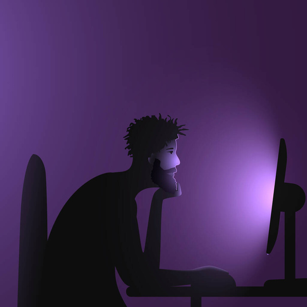 インターネット中毒。アフリカの髪型と髭を生やした黒人が夜遅くにコンピュータに座っている。人がネットワークに没入し、インターネット上で時間を過ごすベクトル図. - ベクター画像