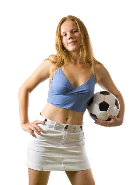 Beautiful blonde girl posing with soccer ball - Fotó, kép