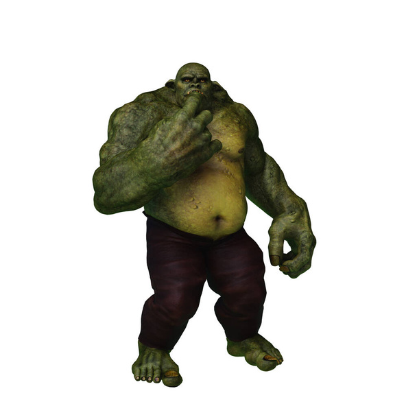 Ogro verde gigante rascándose la barbilla y mirando perplejo. Ilustración 3D aislada sobre fondo blanco. - Foto, imagen