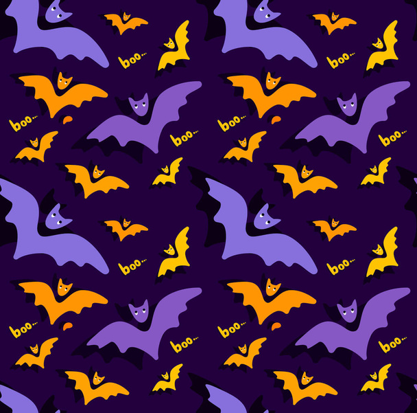 Halloween Orange Purple Seamless Pattern.Endless Bright Background , Cute Bats,Flittermouse.All Saint Day Banner. Differernt Bats Greeting Card.Happy Halloween.Textile Print.Spooky Vector Illustration - Photo, Image
