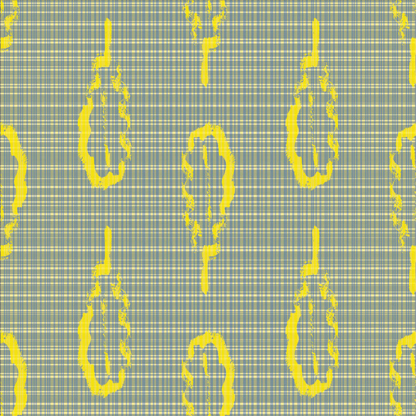 Oak leaf seamless vector pattern background. Calligraphy brush foliage blended with dense gingham check backdrop. Yellow grey geometric outline design. Painterly cloth fabric repeat for wellness - Vector, Image