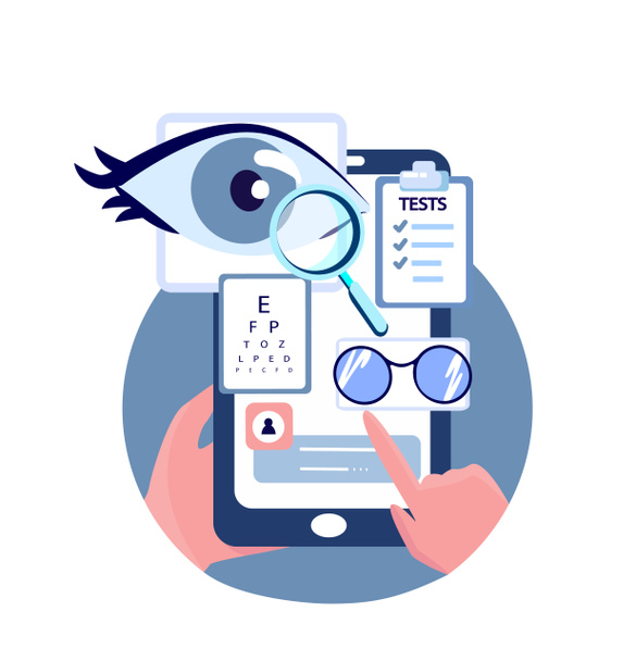 Online Ophthalmic Touchscreen Application.Optician's Shop.Eye Glasses Choose.Eye Vision Acuity,Snellen Chart.Near-sightedness,Farsightedness.Mobile Internet,Smartphone Consultation.Vector Illustration - Photo, Image