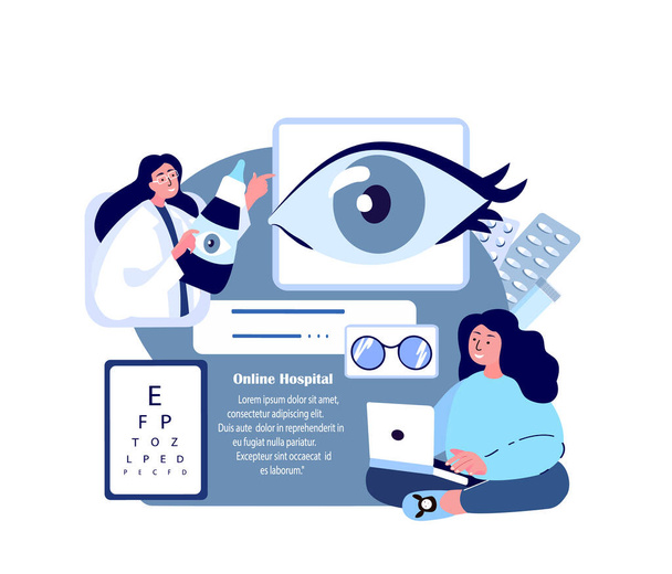 Online Silmälääkäri, Okulaari Lääkäri Consultate Patient.Eye Vision Acuity, Snellen Chart.Myopia, likinäköisyys, kaukonäköisyys, sokeus, hoito. Internet-sairaalan diagnostiikka. Vektorikuvaus - Valokuva, kuva