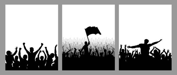 Ensemble d'affiches verticales. Silhouettes de gens joyeux foule, leader avec drapeau, fans. Illustration vectorielle. - Vecteur, image