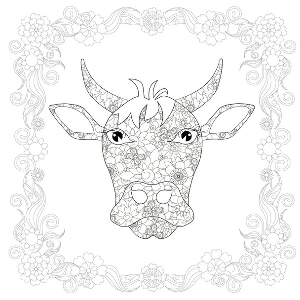 Монохромний каракулі руки намальовані стилізованою коровою в рамі квітів. Антистресовий вектор для ілюстрації барвника - Вектор, зображення