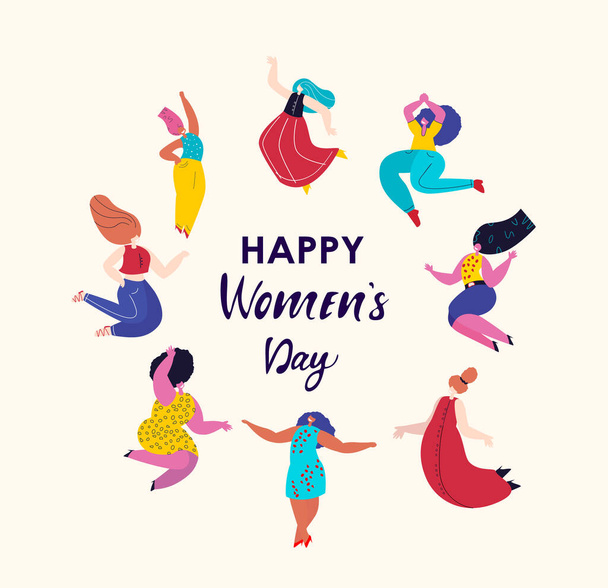 Happy International Woman Day.Feminism koncepce.Bright Different Dancing Girls in Circle.Eight of March Gratulace.Protect Free Confident Women.Feminine, ženské zmocnění.Flat Vector Illustration - Fotografie, Obrázek