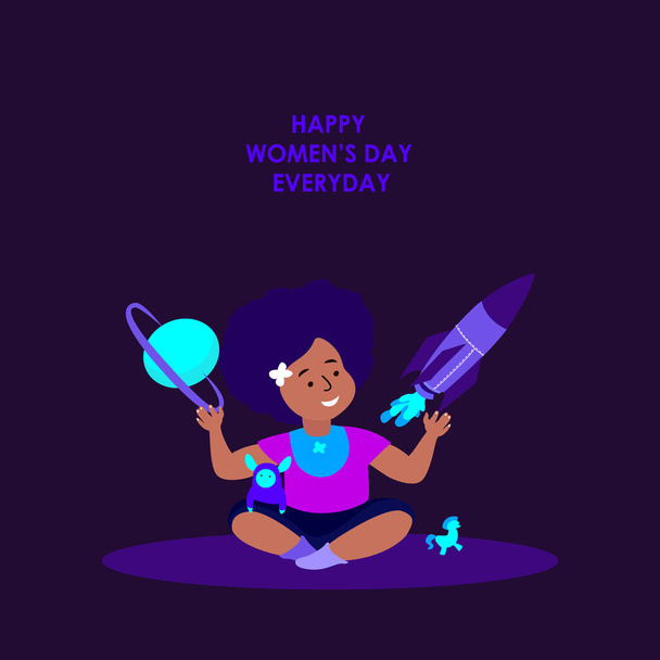 International Women Day.Little African Girl spelen met Rocket Space Planet en droom om een krachtige Lady Astronaut.Feminism Motivation.Woman Empowerment.Confident Choice.Flat Vector Illustration - Foto, afbeelding