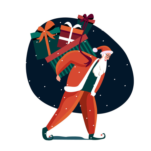 Καλά Χριστούγεννα και καλές διακοπές Άγιος Βασίλης κρατώντας τεράστιο εορταστικό κουτί του παρόντος Fairy Gift, Χιονίζει Έξω από Πριν από τα Χριστούγεννα Χαιρετισμός συγχαρητήρια φυλλάδιο κάρτα Πρωτοχρονιάτικο καρτούν επίπεδη διανυσματική εικονογράφηση - Φωτογραφία, εικόνα