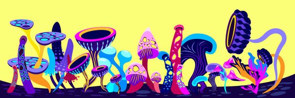 Fantasy Cartoon Alien Universe,World Landscape.Fantasy Supernatural Psylocubin Mushrooms of Different Curved Shape,Yellow Background. Trance Psychedelic Fungal.Computer Game Planet illustration Vector - Photo, Image