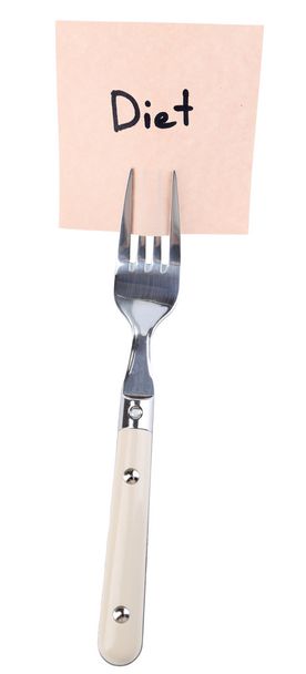 Note paper with message  attached to fork, isolated on white  - Fotoğraf, Görsel