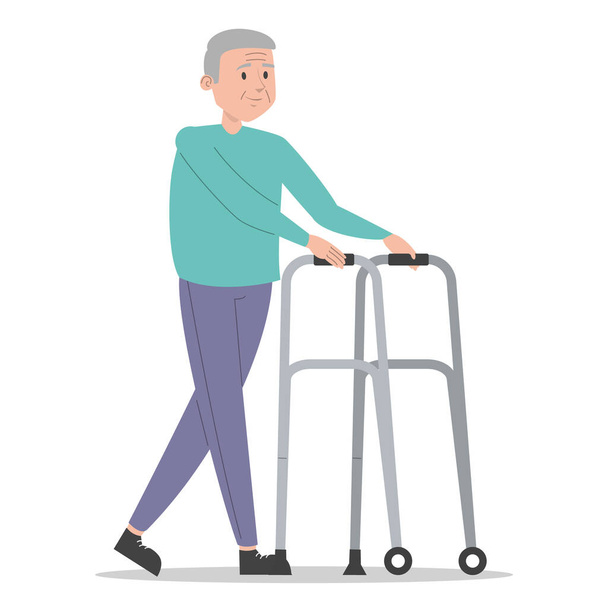 Vieil homme marchant en utilisant le vecteur walker isolé. Une personne âgée souriante, un homme à la retraite. Concept de personnes handicapées. - Vecteur, image