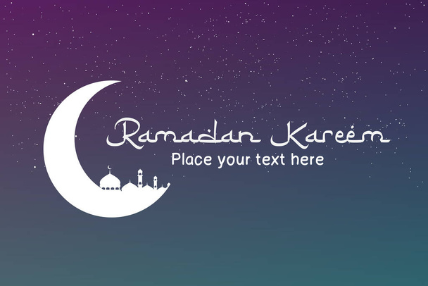 Ramadán kareem islámico saludo fondo diseño con silueta creciente luna y mezquita arábiga caligrafía vector - Vector, Imagen