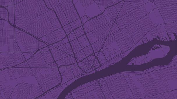 紫色のベクトル背景マップ、デトロイト市内エリアの通りや水の地図イラスト。ワイドスクリーン比率、デジタルフラットデザインストリートマップ. - ベクター画像