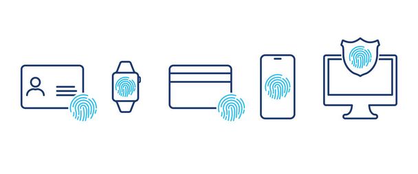 セキュリティの個人データとデバイス。指紋、 IDとクレジットカード、スマートウォッチ、スマートフォン、コンピュータラインアイコン。個人データへのアクセスのための指紋をスキャンします。ベクトル線のアイコン - ベクター画像