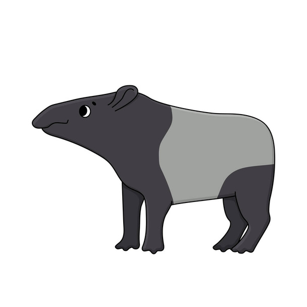 Vector lindo contorno doodle dibujos animados malayo o asiático tapir. Ilustración aislada dibujada a mano sobre fondo blanco, vista lateral. Tapir mira a la izquierda - Vector, imagen