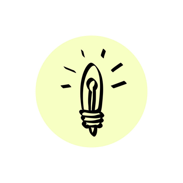 黄色の背景に輝く光線で電球を作業スケッチします。かわいいスケッチのアイデア、ブレインストーミングのアイコン、ハイライトデザイン. - ベクター画像