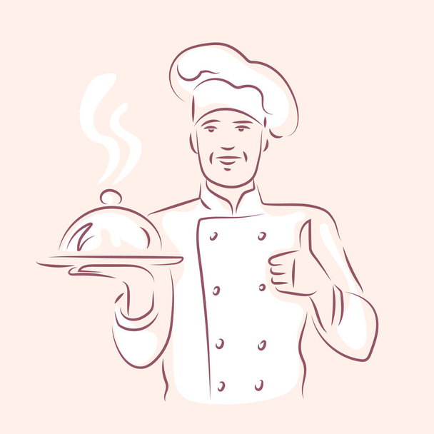 シェフは線画を描く。レストラン、料理、レシピのための簡単なアウトラインイラスト. - ベクター画像