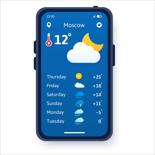 Vector concept of paper cut weather. Weather forecast application on smartphone. Night concept with temperature. Cartoon flat illustration that can be used for websites and web banners. - Vector, Image