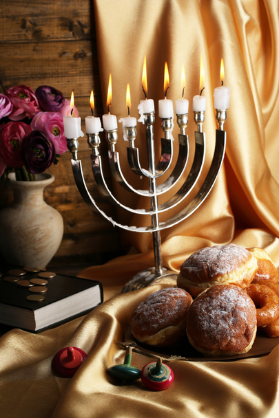 Festive composition for Hanukkah on cloth close-up - Foto, imagen