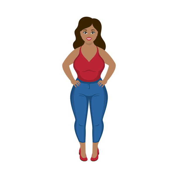 Boldog test pozitív lány ikon vektor. Gyönyörű, göndör nő piros felsőben és kék farmerben. Plusz méret divat modell női ikon elszigetelt fehér háttér - Vektor, kép