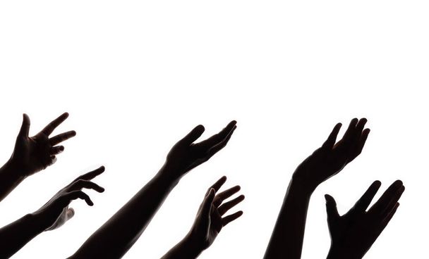 Silhouette bettelnder Hände. Gruppe von Hungerstreikenden. Konzept der verarmten Person. Isoliert auf weißem Hintergrund  - Foto, Bild