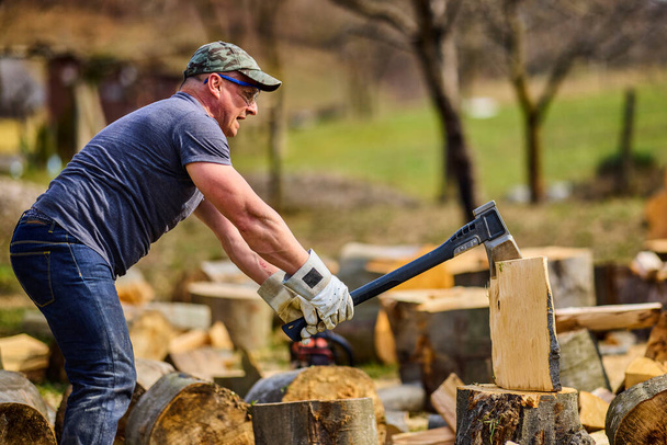 hombre fuerte dividiendo troncos de haya con un hacha - Foto, Imagen