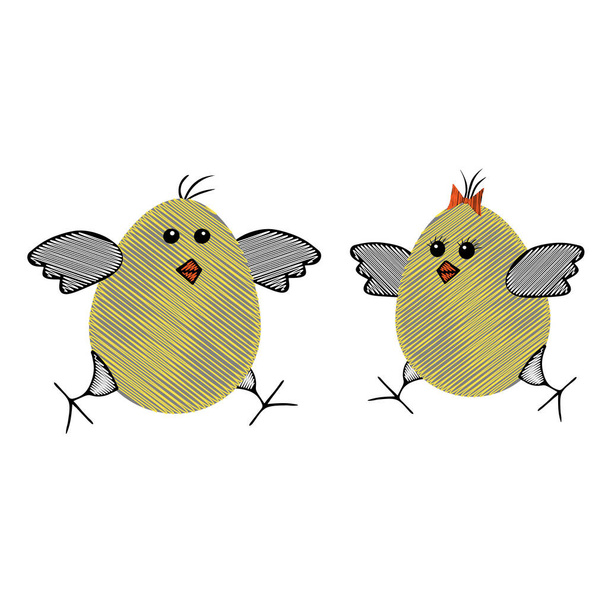 Ein Paar gelb kritzelnde Vector-Ostereier oder Hühner lieben einander isoliert auf weißem Hintergrund zum Besticken - Vektor, Bild