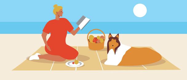 Eväsretki yksin. Tasainen vektoriosakekuva. Piknik koiran kanssa, merinäköala. Nainen lepää koiran kanssa. Luen kirjaa rannalta. Koiran ulkoiluttaminen. Kesäaika. Vektorigrafiikka - Vektori, kuva