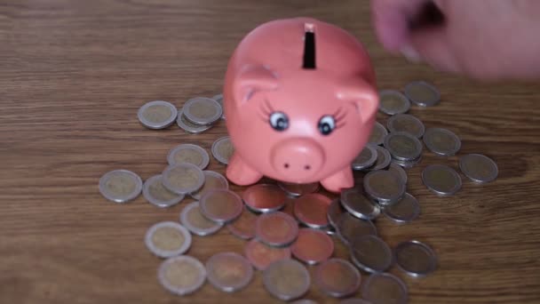 video de un hombre insertando monedas en un cerdito rosa para tratar de ahorrar para una época de crisis y concepto económico. - Metraje, vídeo