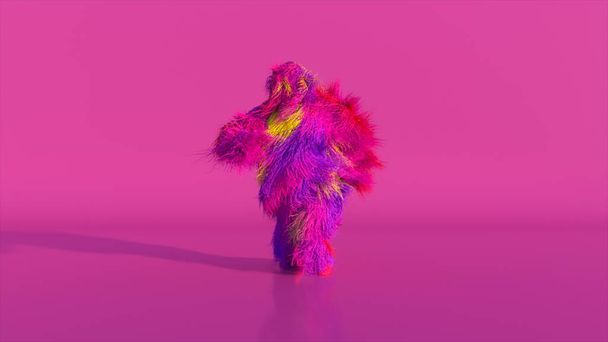 Cheerful colorful hairy cartoon dancing character, furry animal, having fun, furry mascot animation. Modern minimalist design. 3d illustration - Foto, Imagem