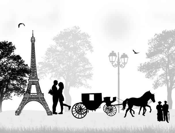 Carriage and lovers in Paris - Vector, Image