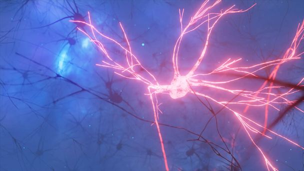 Illustration 3D de l'activité des neurones et des synapses. Connexions neuronales dans l'espace, radioactivité, neurotransmetteurs, cerveau, axones. Impulsions électriques transmettant des signaux. Concept mental. - Photo, image
