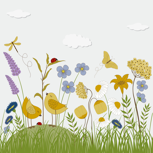 Floral background with birds, butterflies and flowers - Vettoriali, immagini