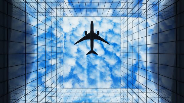 Avião de passageiros voando no céu com nuvens sobre um edifício de vidro moderno. Vista inferior. Conceito de viagem. ilustração 3d - Foto, Imagem