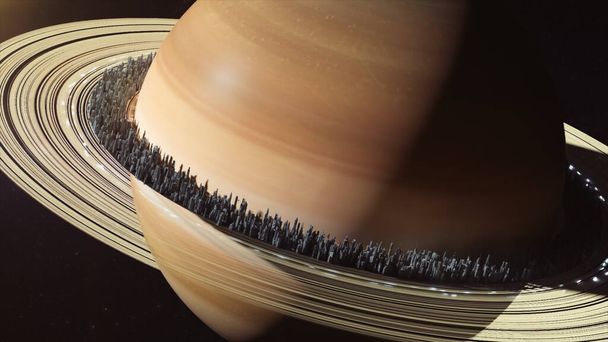 Saturnus-planeetta ulkoavaruudessa. Kaupunki sijaitsee Saturnuksen renkaiden varrella, Saturnuksen asuttamisen käsite. 3d kuva - Valokuva, kuva