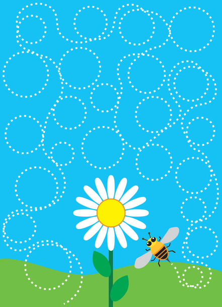 Pszczoła kreskówkowa obrała krętą drogę do kwiatu, by go zapylić. - Wektor, obraz