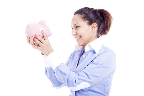 Happy business woman with piggy bank, isolated on white - Photo, Image