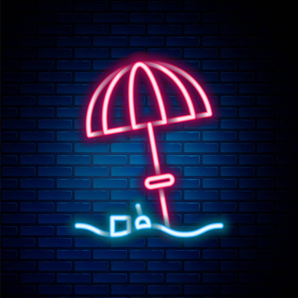 Duvarda izole edilmiş plaj ikonu için parlak neon hattı güneş koruyucu şemsiye. Açık alan için büyük bir şemsiye. Plaj şemsiyesi Renkli taslak konsepti. Vektör - Vektör, Görsel