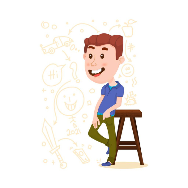 Un niño se para cerca de una silla, sostiene sus manos en los bolsillos, una postura segura, un personaje plano de dibujos animados. - Vector, Imagen