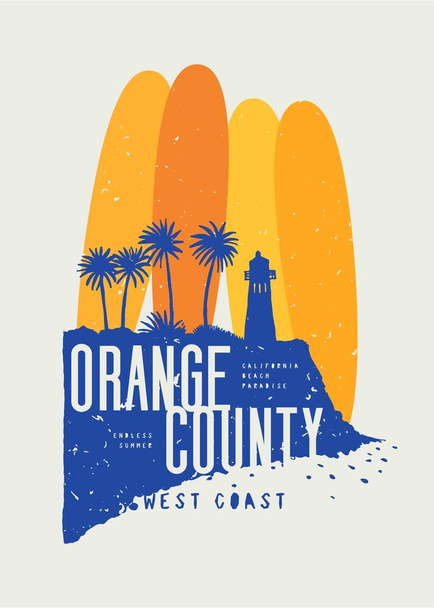 Orange County Surfing Vintage Typografie T-Shirt Print mit Leuchtturm und Palmen auf der Klippe auf dem Surfbrett Hintergrund. - Vektor, Bild