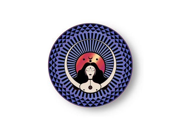 女性ウィッカの母なる大地性的創造の象徴。クレセント、半月、ウィッカ、魔女。トリプルムーン宗教ウィッカの署名。ロゴネオパガニズムのシンボル。白で区切られたベクトルラウンドアイコン - ベクター画像