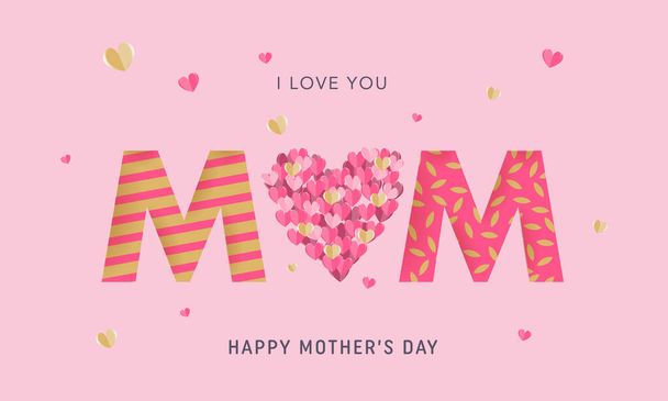 Happy Mothers Day card. Big heart made of paper cut pink, red hearts - Vector, Image