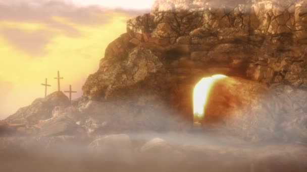 Túmulo vazio de Jesus com cruzes no fundo renderizar 3d - Filmagem, Vídeo