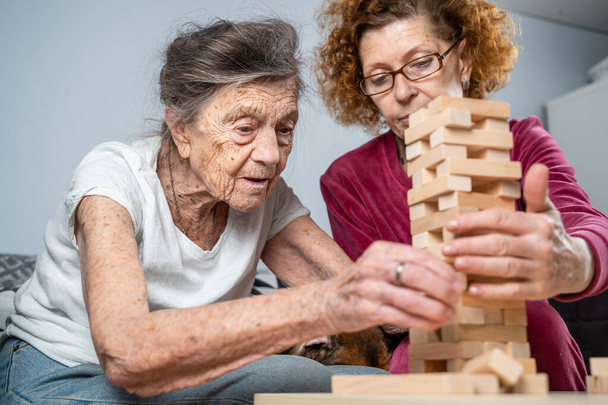 Старшая женщина и её взрослая дочь вместе с таксой проводят время вместе дома, играя в настольную игру, собирая деревянные блоки в башне. Дженга-игра. Тема слабоумие и болезнь Альцгеймера. - Фото, изображение