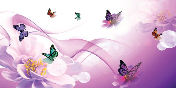 paarse achtergrond en vlinders met bloemen behang - Foto, afbeelding