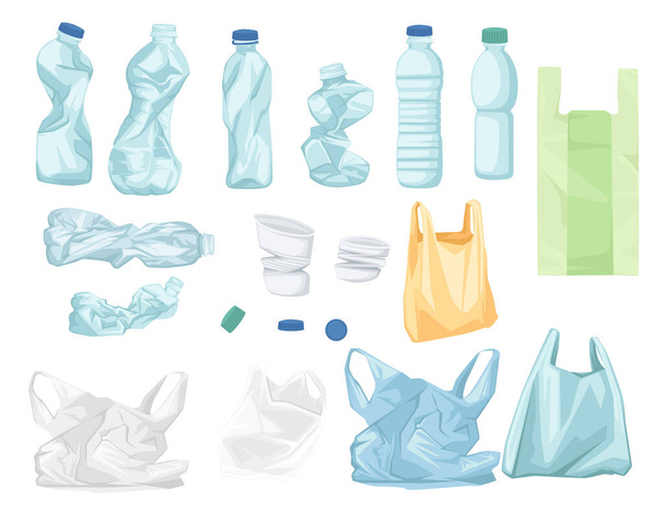 Набор пластиковых мешков для мусора и бутылок проблемы переработки экологии векторной иллюстрации изолированы на белом фоне - Вектор,изображение
