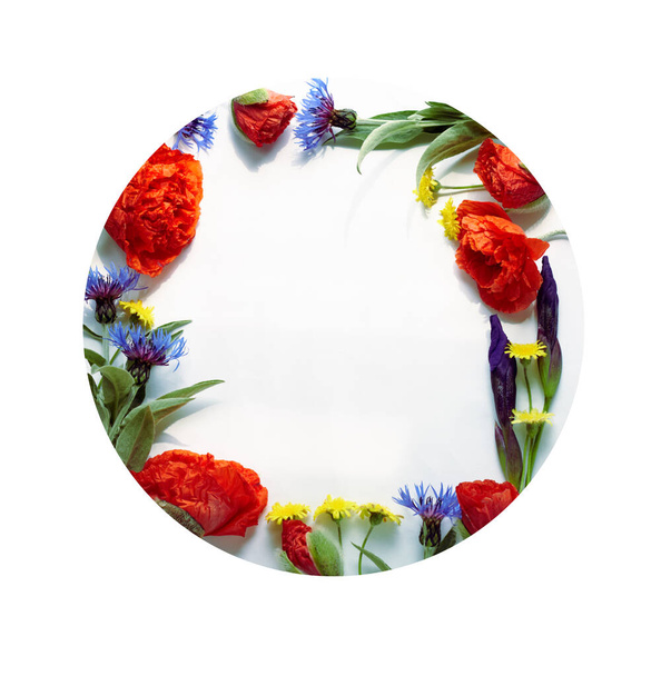 Spring floral composition from poppies, cornflowers, irises, and wild flowers with green leaves, hello spring writing  inside of flowering frame, flat lay, top view, isolated on white - Foto, Bild
