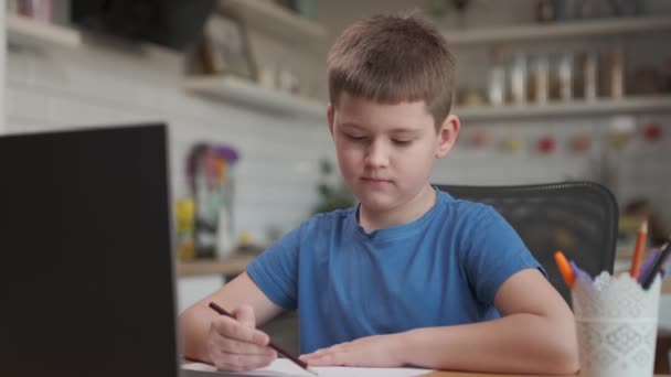 Smart Little Boy utilise un ordinateur portable pour un appel vidéo avec son professeur. Écran montre conférence en ligne avec l'enseignant expliquant le sujet d'une salle de classe, Garçon écrit des informations. - Séquence, vidéo