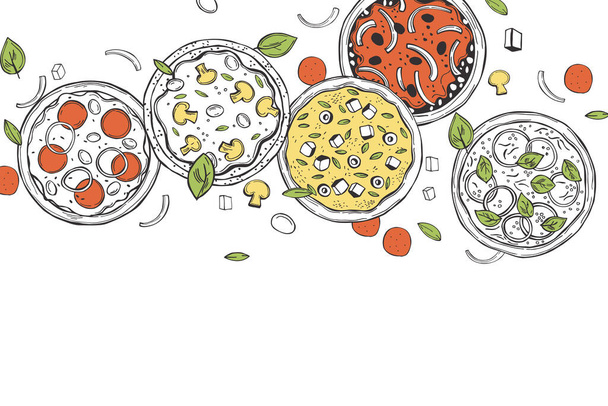 Hand drawn pizza set.  Vector background. Sketch  illustration. - Vector, Image